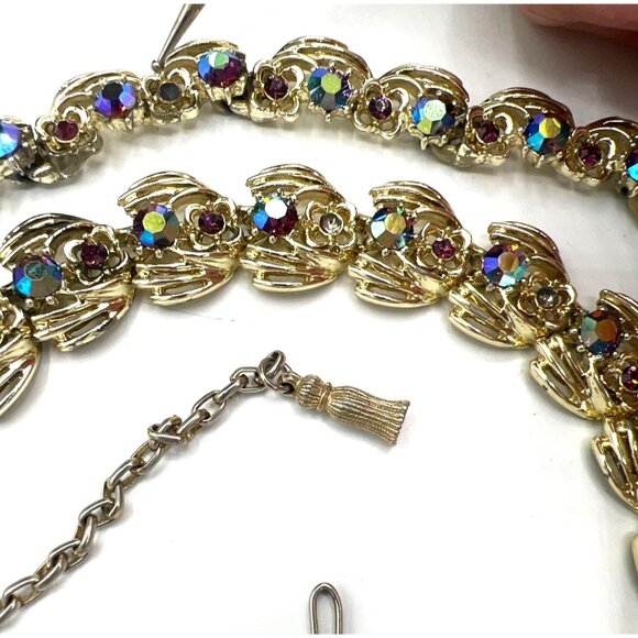 Coro Red Aurora Borealis Rhinestone Necklace 14-18" Bracelet 7.25" Vtg Set READ - Picture 4 of 10